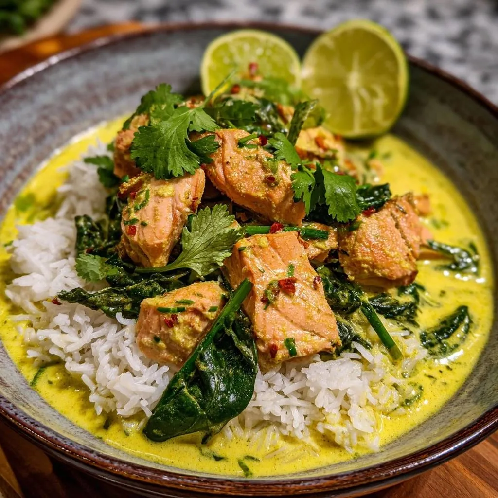 Yellow salmon curry over rice in a bowl, garnished with cilantro and lime wedges.