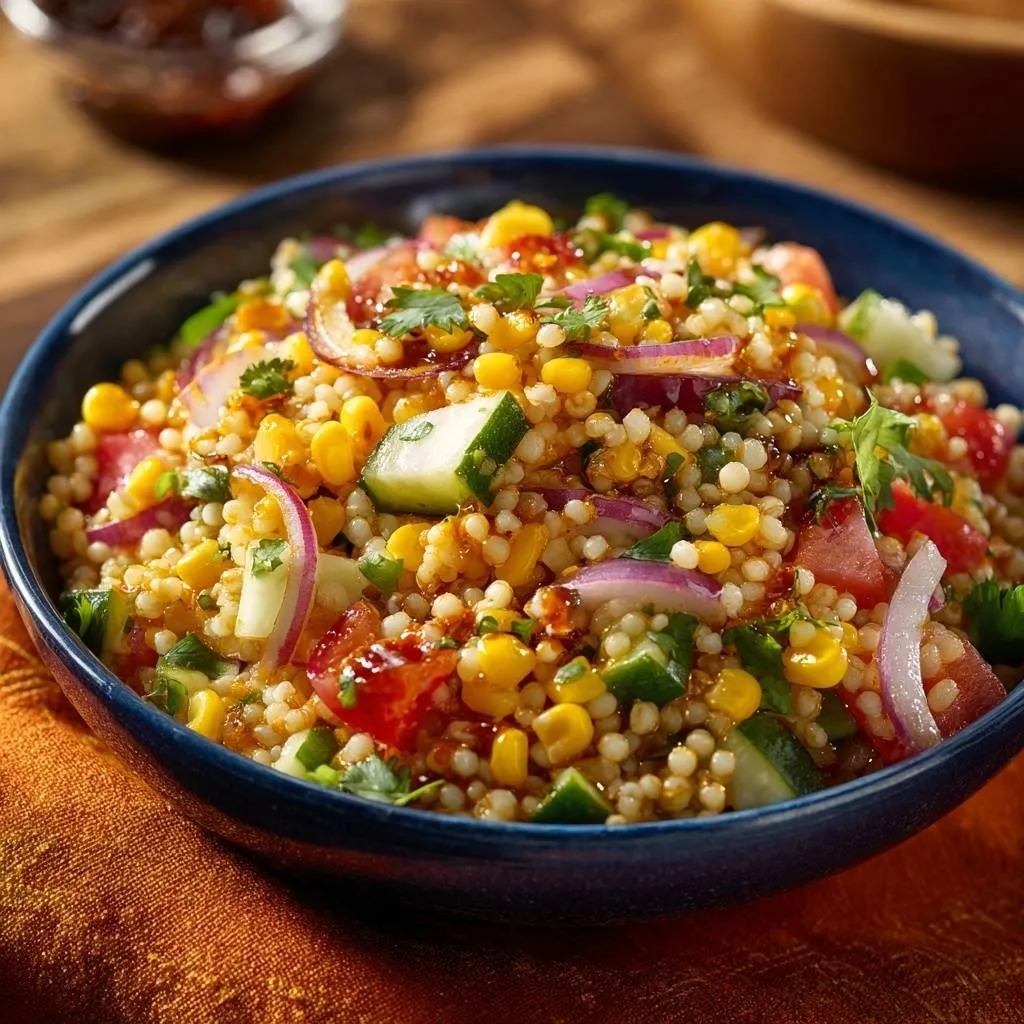 Zesty couscous veggie salad with fluffy pearls served in a blue bowl, showcasing corn, cucumber, and tomatoes.