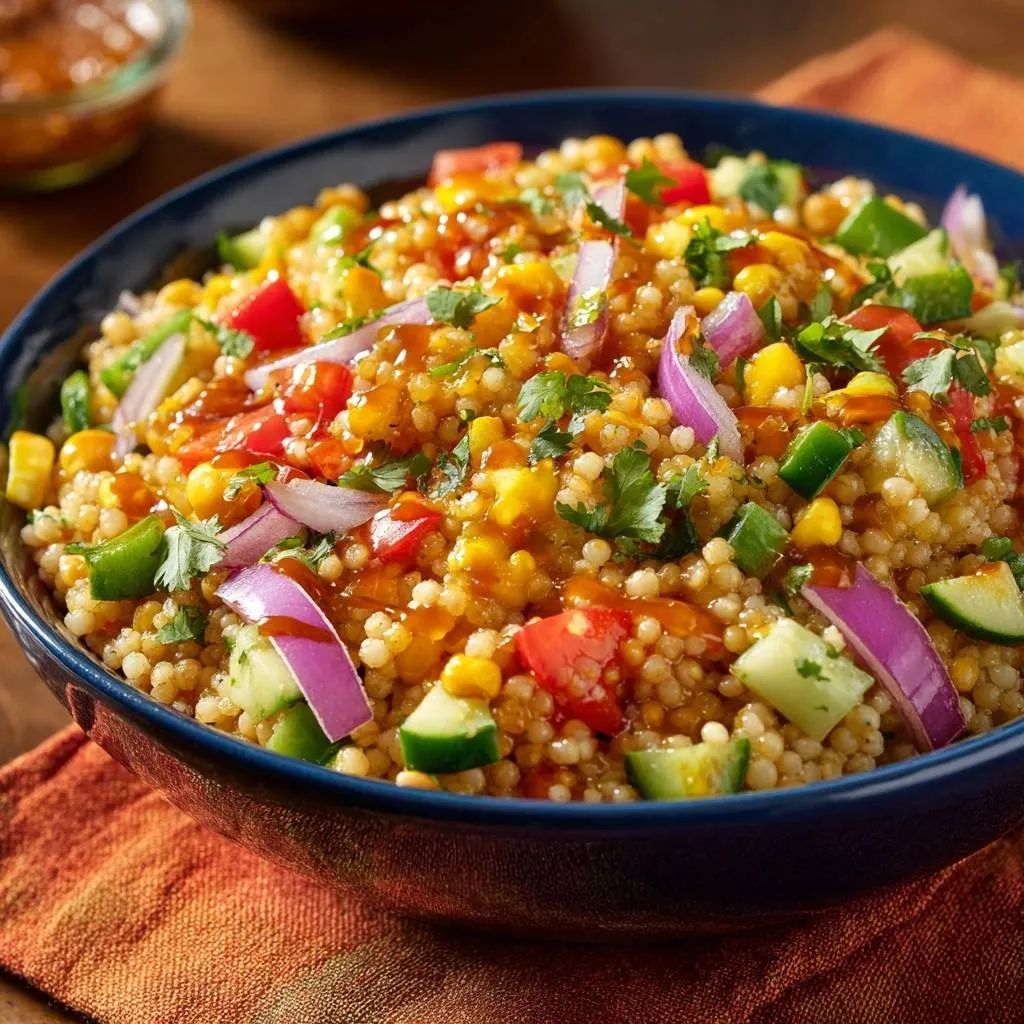 Zesty couscous veggie salad with fluffy pearls served in a blue bowl, generously garnished with fresh herbs and a drizzle of sauce.