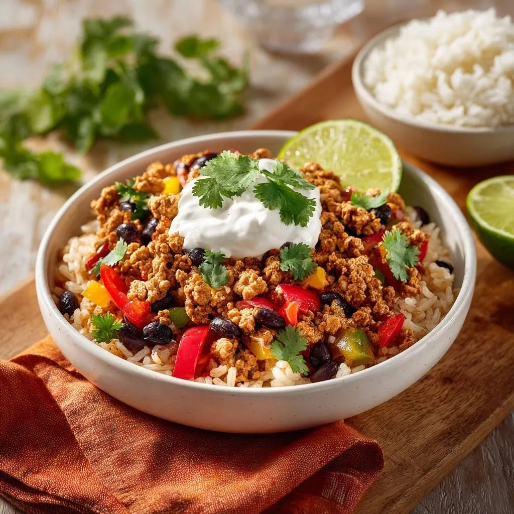 Zesty ground beef burrito bowls topped with sour cream and fresh cilantro, a lime wedge on the side.