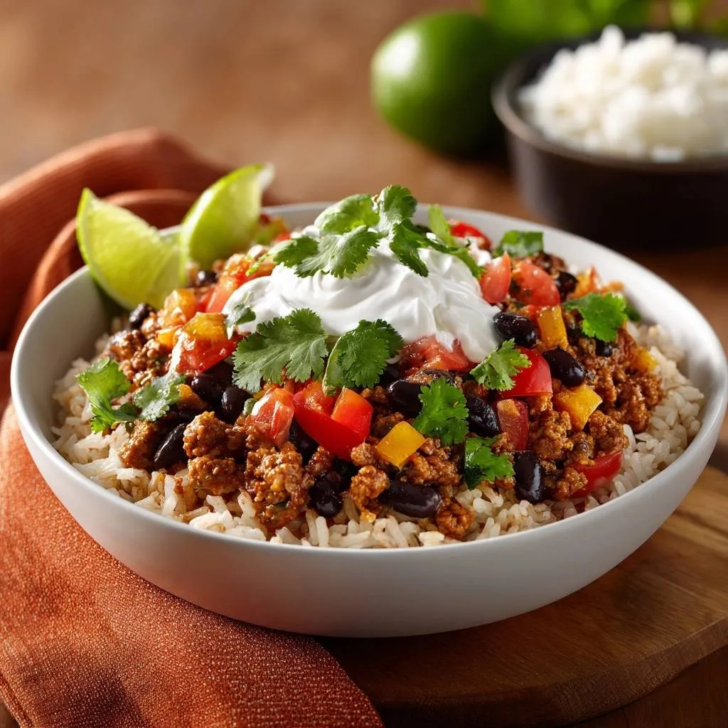 Zesty Ground Beef Burrito Bowls topped with sour cream and fresh cilantro, served with lime wedges.