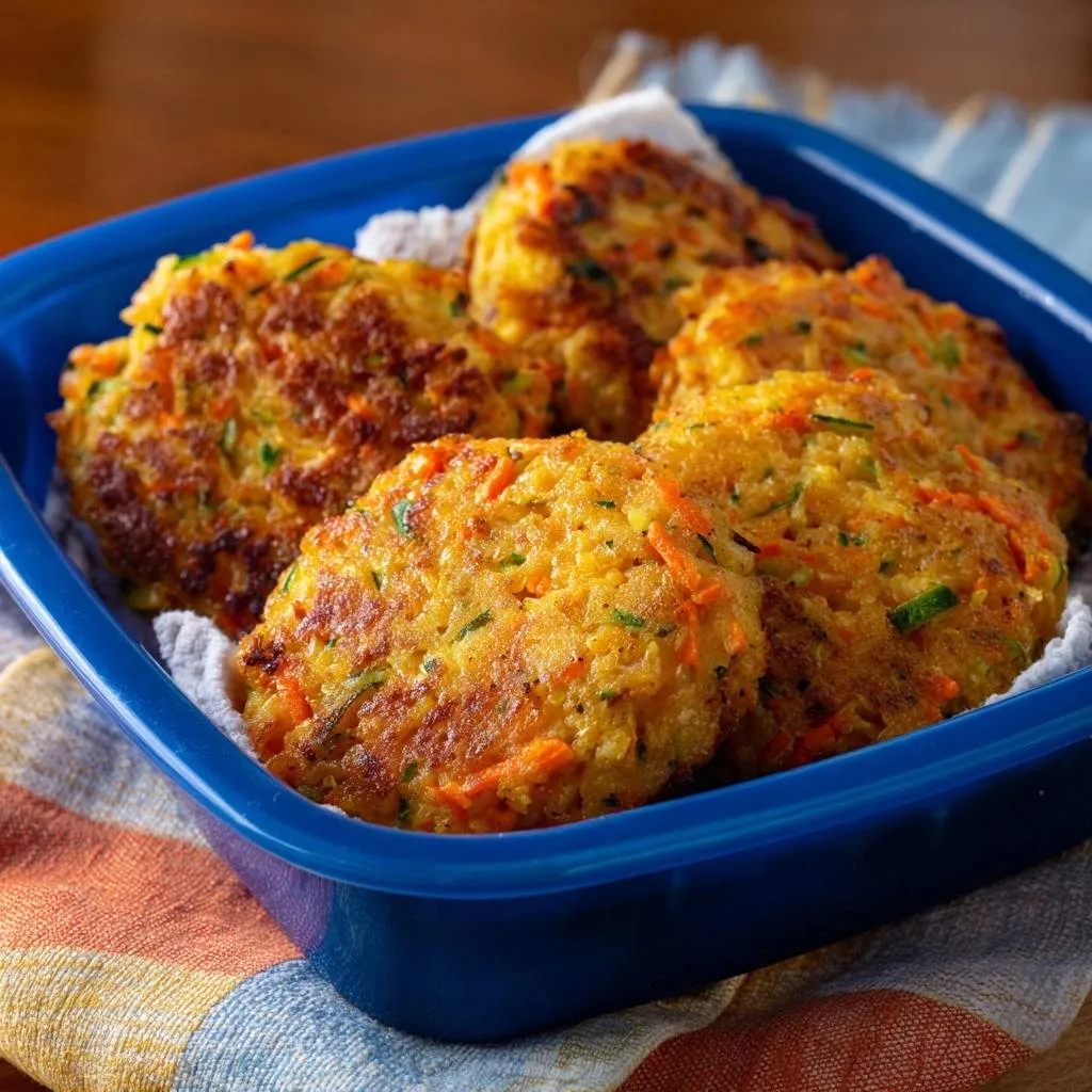 Crispy zucchini carrot fritters displayed in a blue dish, showing their golden-brown texture.