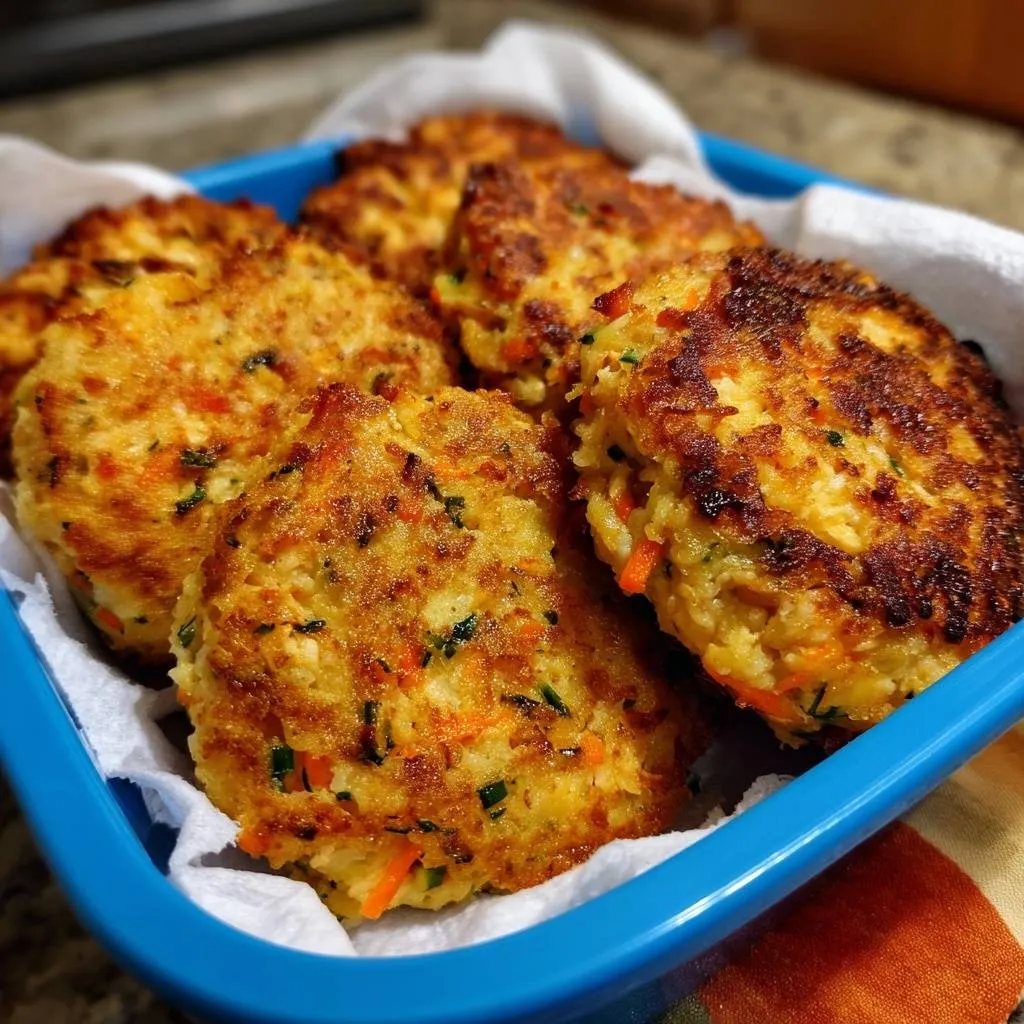 Crispy zucchini carrot fritters, golden brown and piled high in a blue dish, showing their textured exterior.