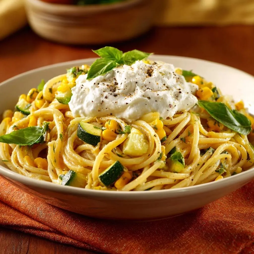 Zucchini corn pasta featuring a generous dollop of creamy white topping and fresh basil leaves.