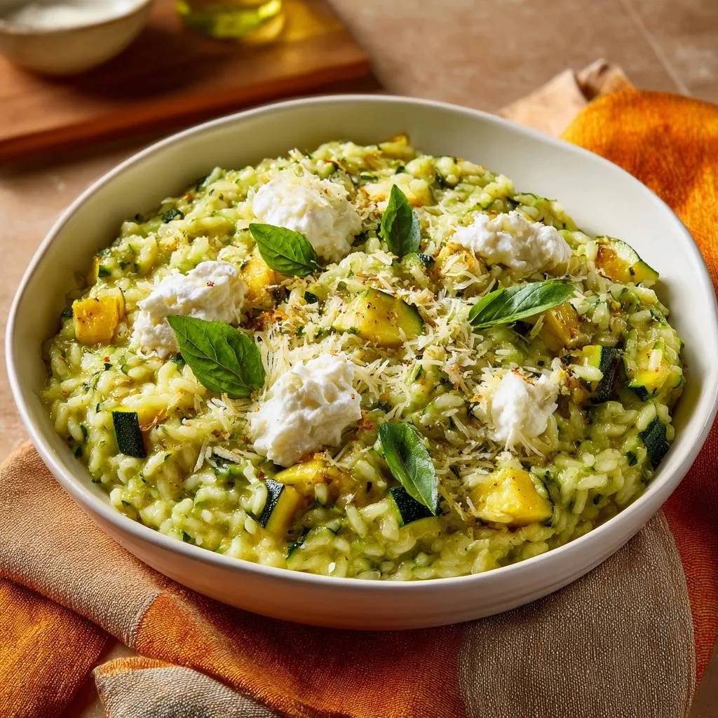 Creamy zucchini risotto topped with dollops of ricotta cheese and fresh basil leaves.