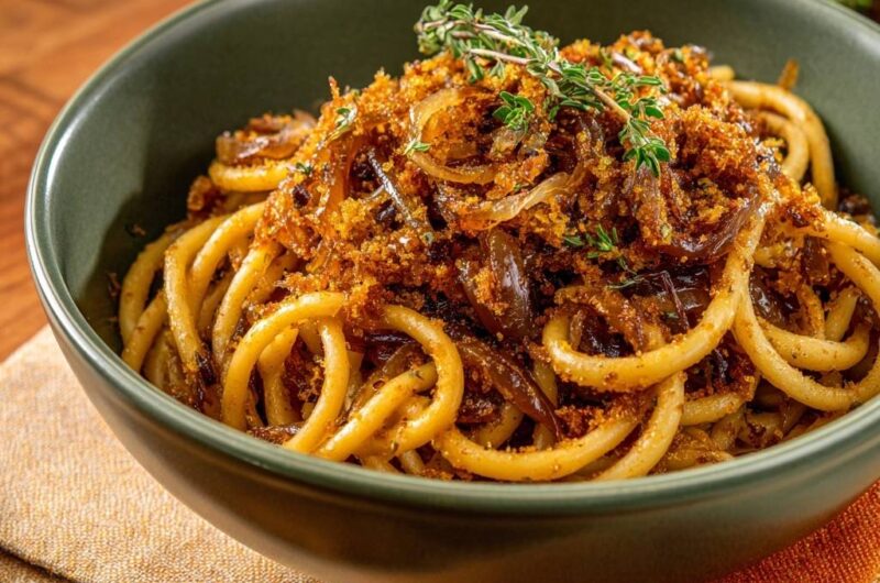 Caramelized Onion Bucatini with Toasted Breadcrumbs