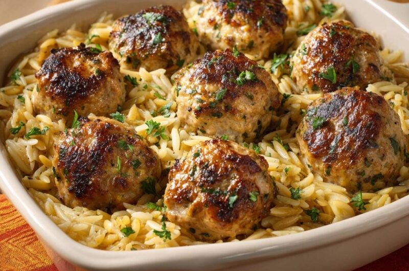 Golden Baked Meatballs and Orzo