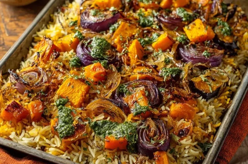 Roasted Squash and Red Onion Sheet Pan Rice