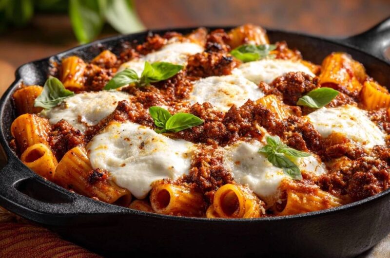 Skillet Baked Rigatoni with Meat Sauce