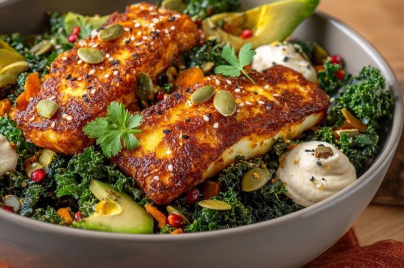 Crispy Pan-Seared Halloumi Kale Bowl