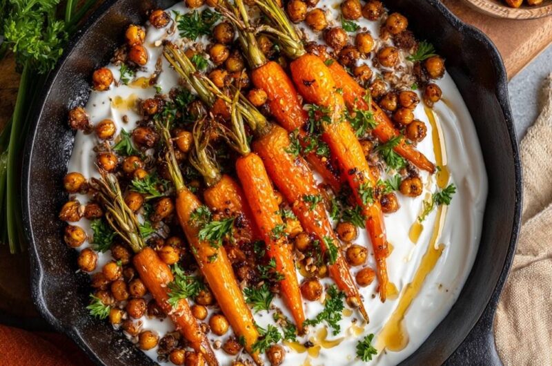 Roasted Carrots and Crispy Chickpeas over Whipped Yogurt