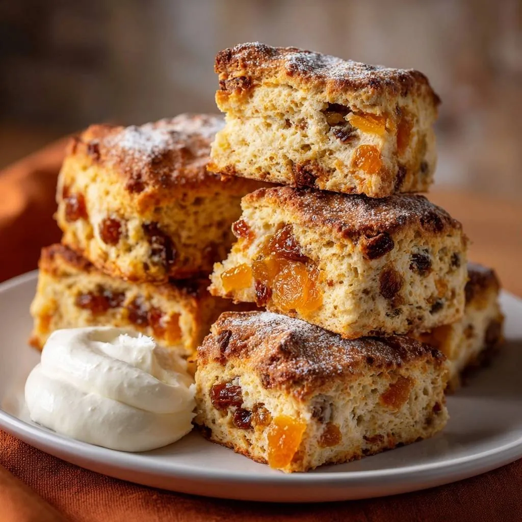 Apricot and raisin buttermilk scones stacked high on a plate with a dollop of cream on the side.