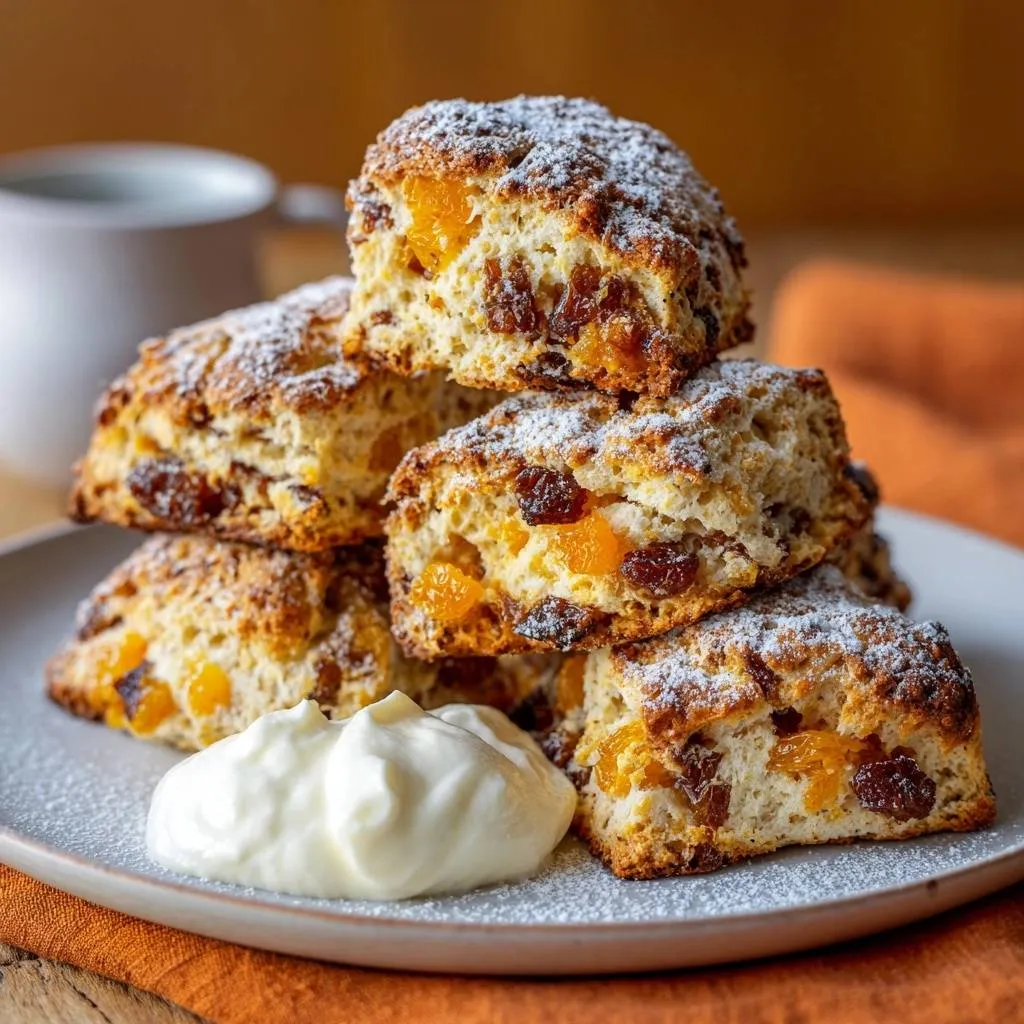 Apricot and raisin buttermilk scones stacked high with a dollop of cream on a plate.
