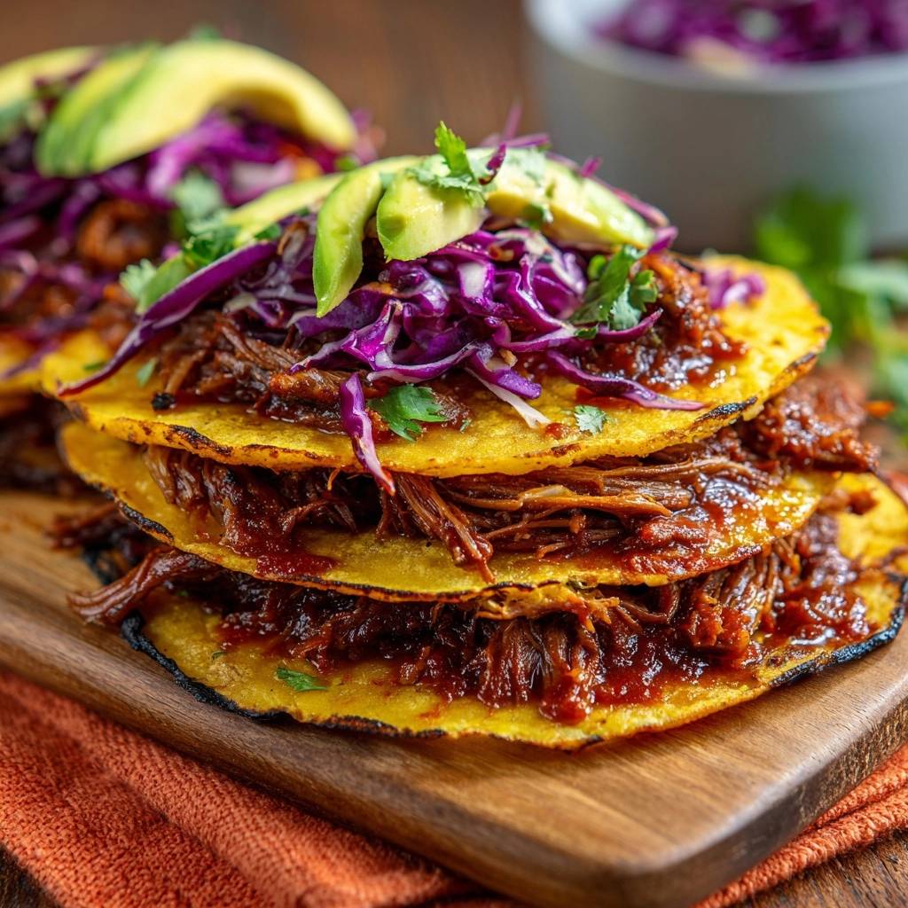 Slow-cooked beef barbacoa tacos stacked high and topped with avocado and red cabbage.