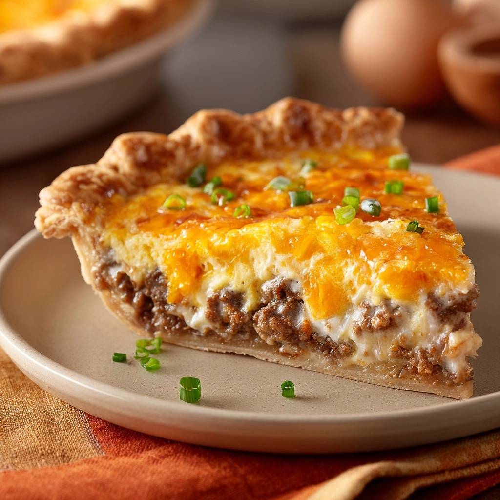 Savory beef and cheddar breakfast pie slice showing a cross-section of the seasoned ground beef and creamy egg filling.