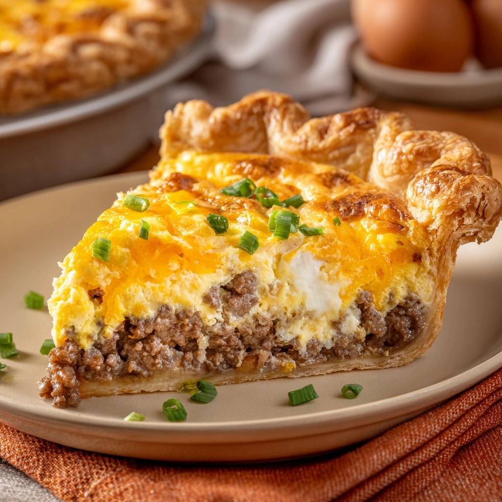 Savory beef and cheddar breakfast pie slice cross-section showing layers of seasoned beef and fluffy eggs.