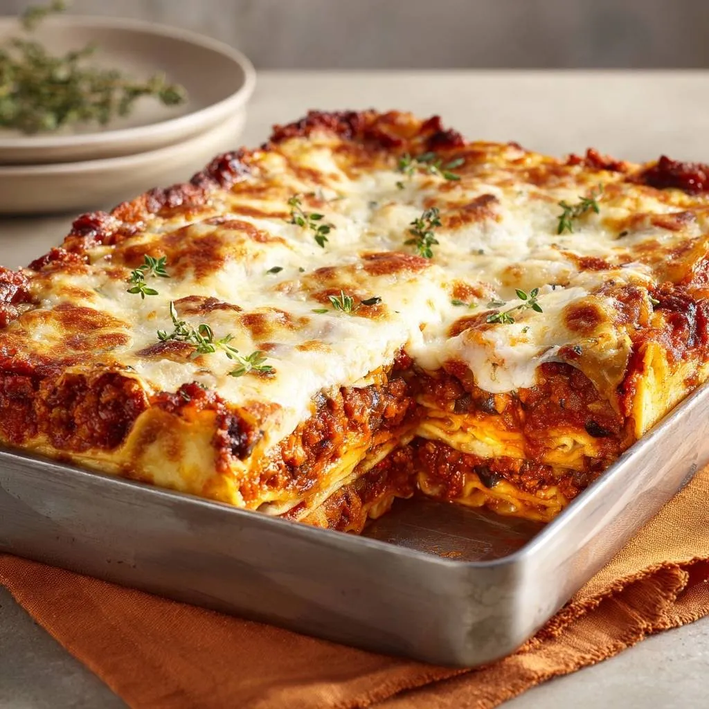 Classic beef and herb lasagna shown in a cross-section slice, revealing its layered pasta and rich meat sauce.