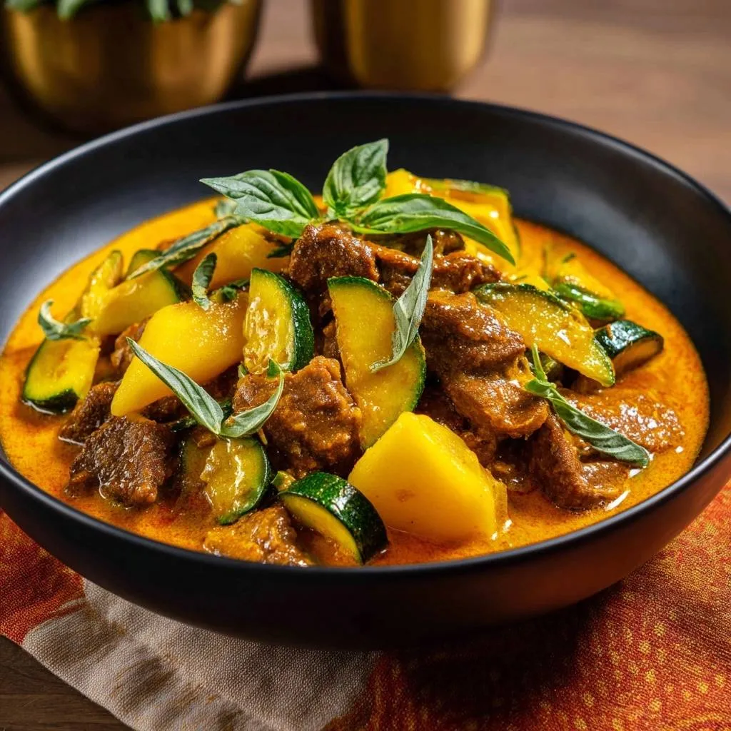 Slow-simmered beef and pumpkin red curry served in a black bowl, showing tender meat and vibrant vegetables.