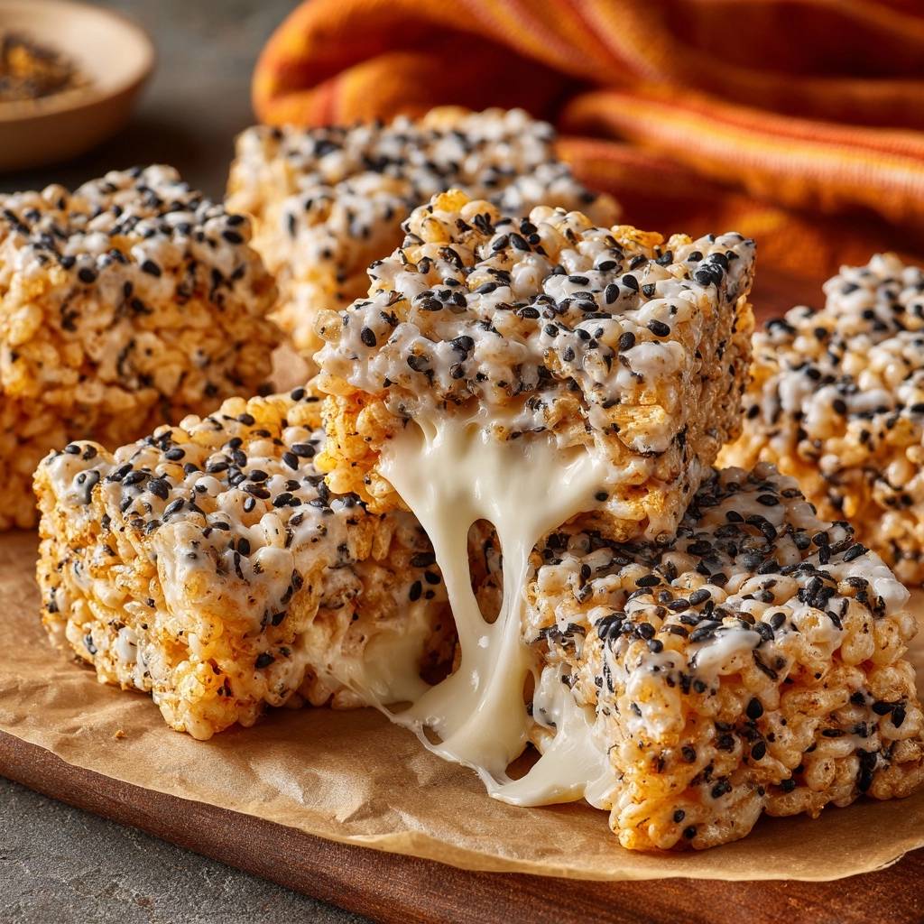 Soft black sesame marshmallow cereal treats with a gooey cheese pull, showcasing their delicious texture.