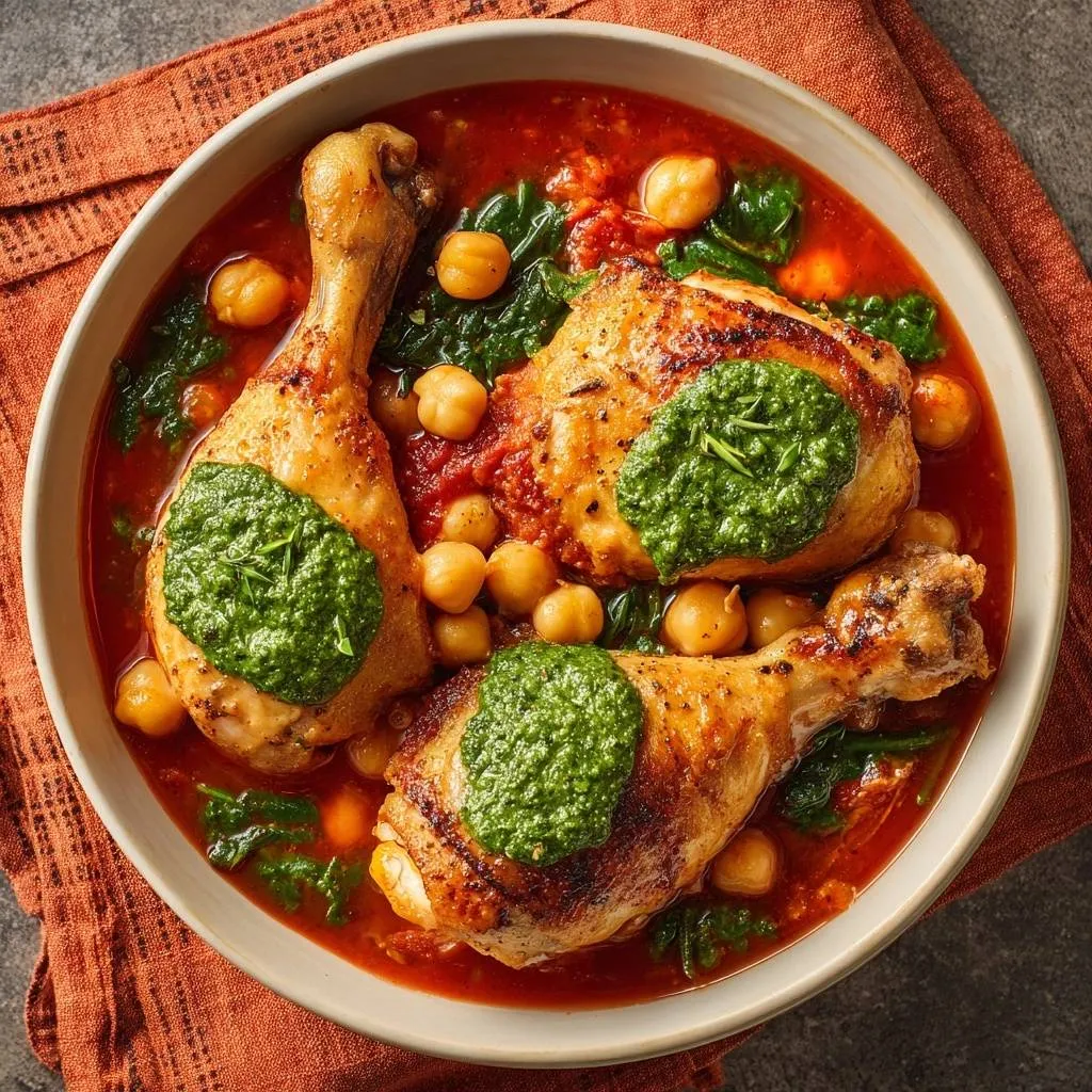 Braised Mediterranean Chicken and Chickpeas served in a rustic bowl with a vibrant green herb sauce and tender chickpeas.