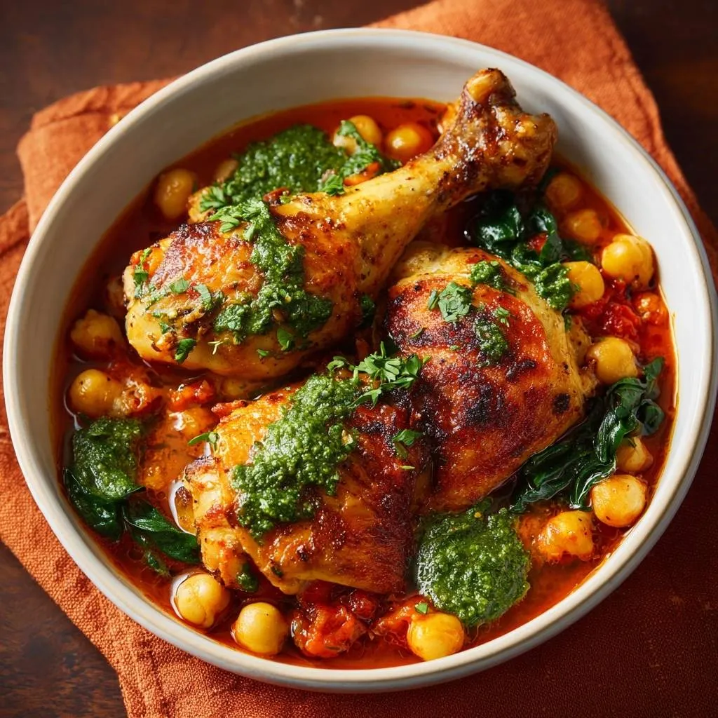 Braised Mediterranean chicken and chickpeas served in a bowl, showcased from a top-down perspective with vibrant green herb sauce.