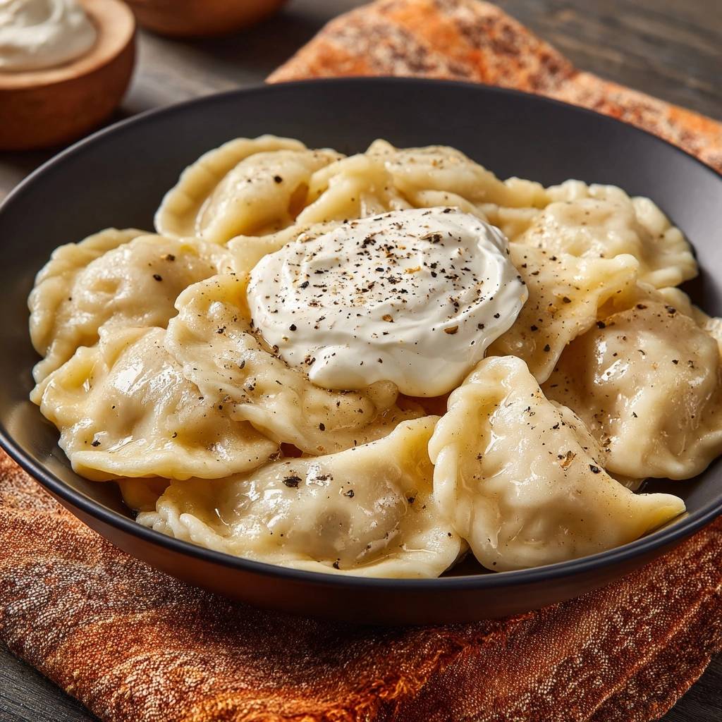 Buttery beef pelmeni topped with a dollop of sour cream and cracked black pepper in a bowl.