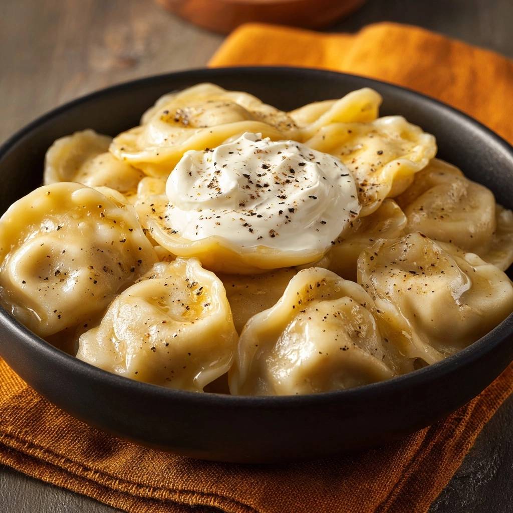 Buttery beef pelmeni with a dollop of sour cream and black pepper topping in a dark bowl.