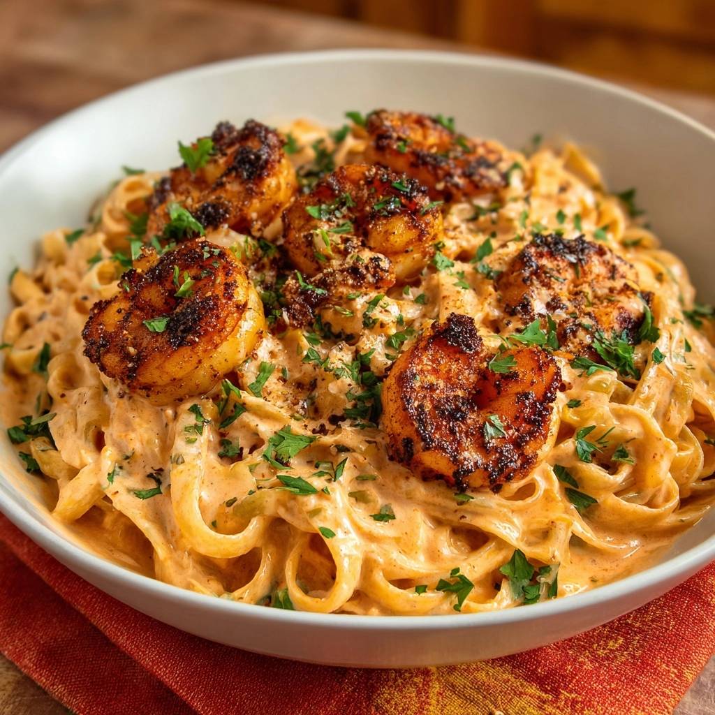 Creamy Cajun shrimp fettuccine is shown in a close-up, highlighting the rich sauce and plump shrimp.