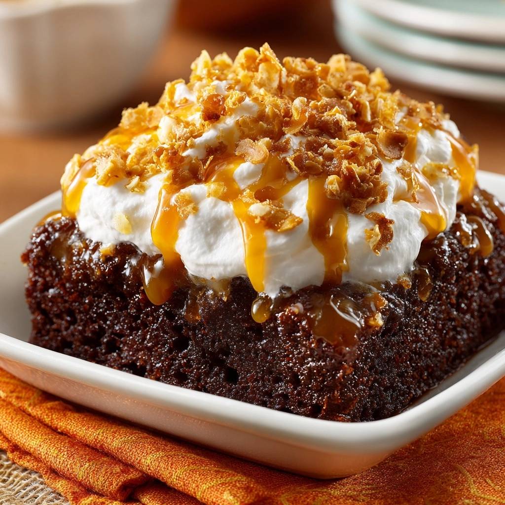 Caramel toffee poke cake with whipped topping and caramel drizzle, a close-up view showcasing the decadent garnish.