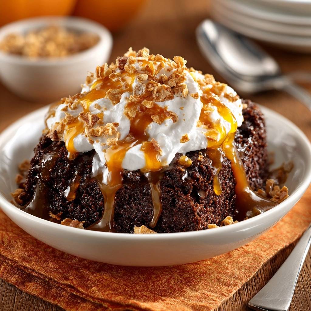 Caramel toffee poke cake served in a white bowl, topped with whipped cream, caramel drizzle, and toffee crunch.