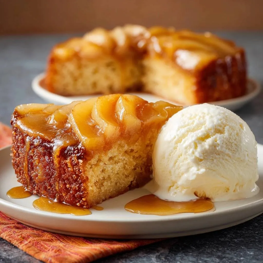 Caramelized apple upside-down cake plated slice with a scoop of vanilla ice cream and drizzled caramel.