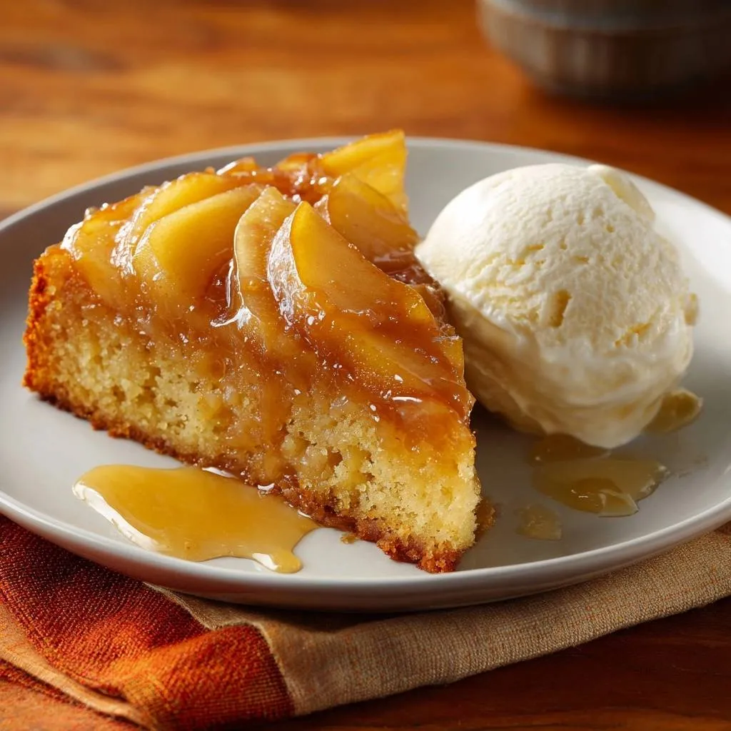 Caramelized apple upside-down cake served as a single slice with a scoop of vanilla ice cream on a plate.