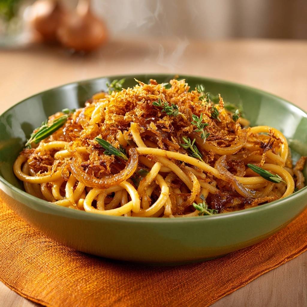 Caramelized onion bucatini with toasted breadcrumbs and fresh herbs, showcasing a close-up of the topping.