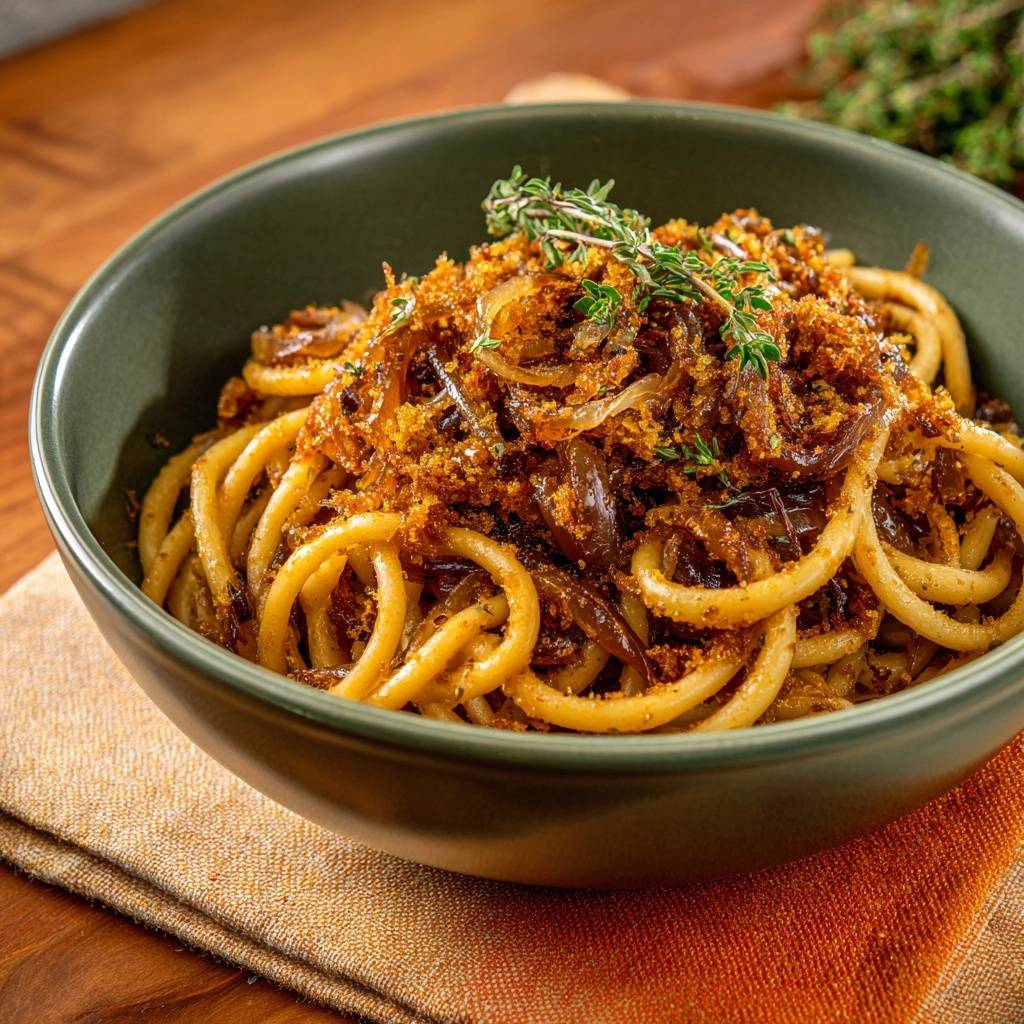 Caramelized onion bucatini with toasted breadcrumbs and fresh thyme garnish, shown in a close-up detail shot.