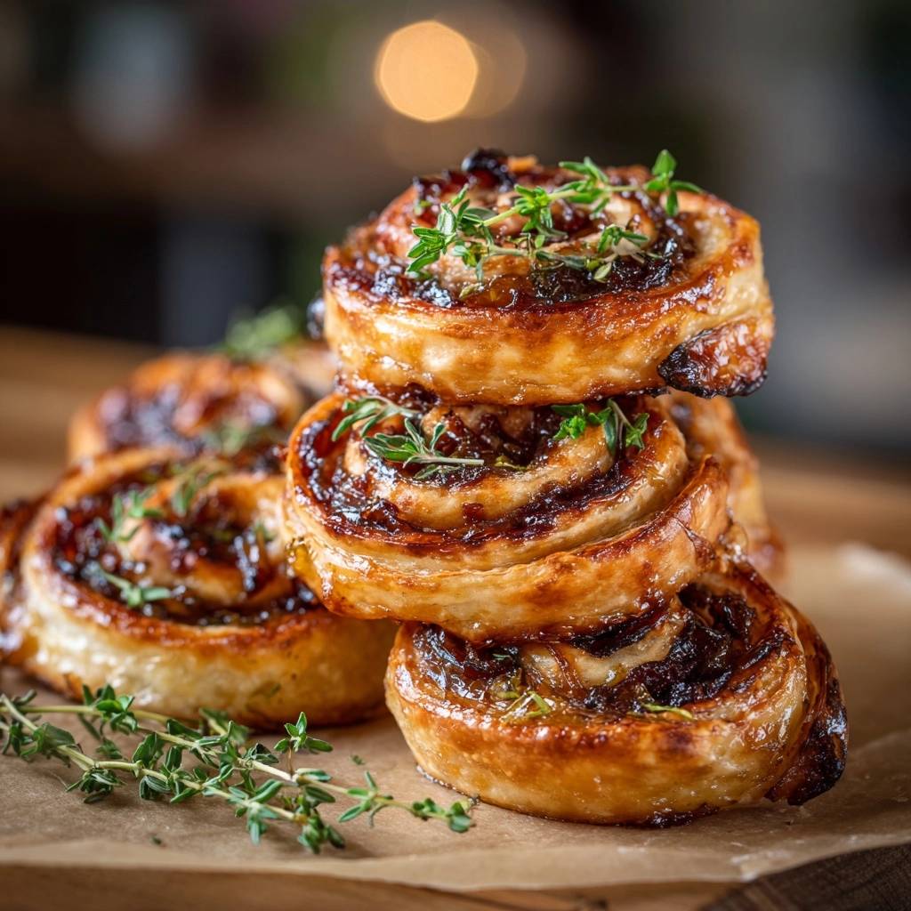 Caramelized onion and Gruyere puff pastry swirls stacked closely, garnished with fresh thyme.