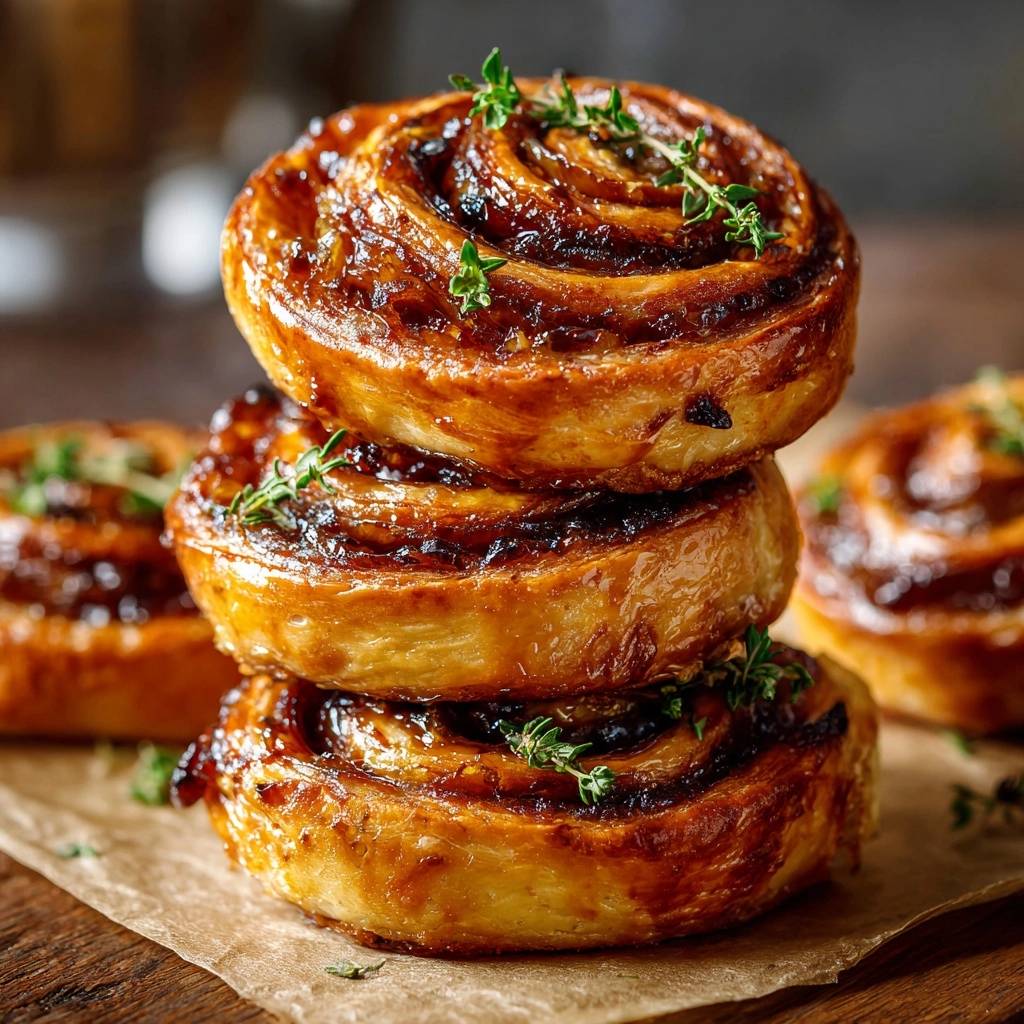 Caramelized onion and Gruyere puff pastry swirls stacked and garnished with fresh thyme sprigs.