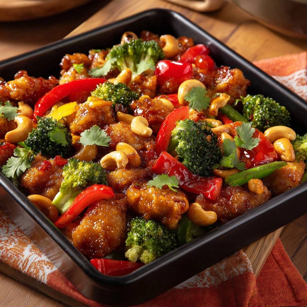 Crispy cashew chicken and broccoli served in a black baking dish, a vibrant mix of vegetables and nuts.
