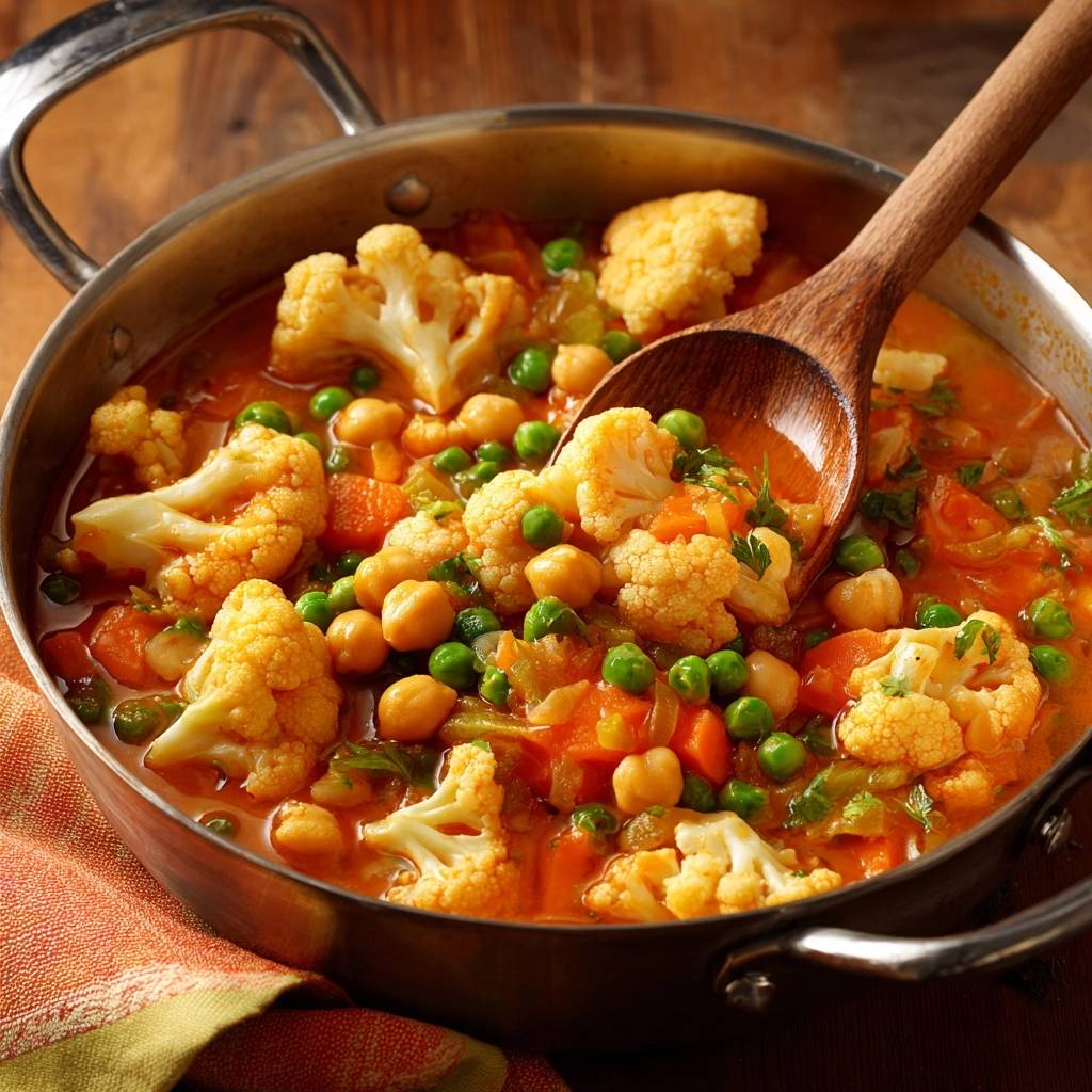 Hearty cauliflower and chickpea stew being served with a wooden spoon from a pot.