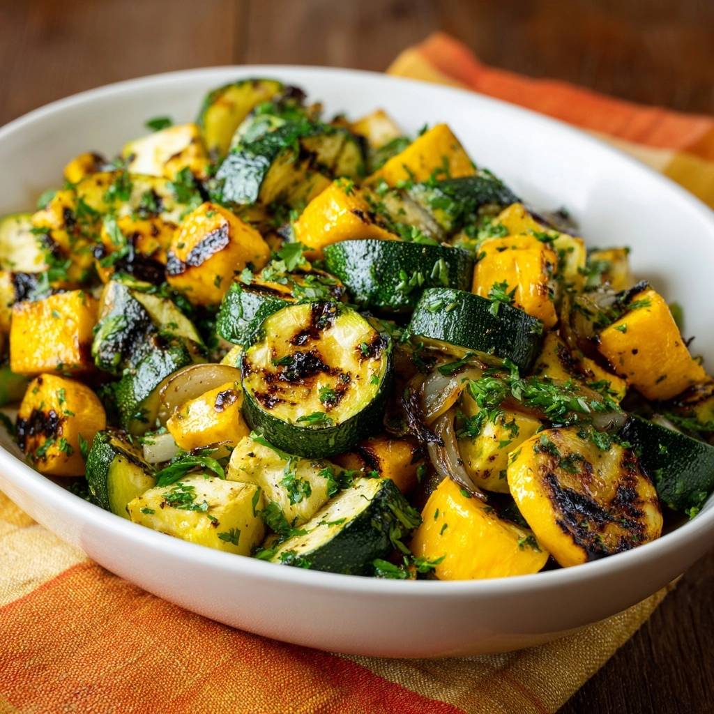 Charred summer squash and zucchini shown in a white bowl, garnished with fresh parsley, with grill marks visible.