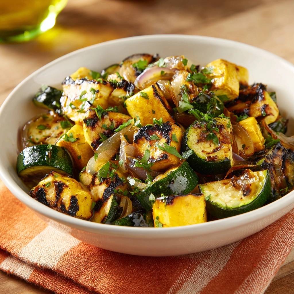 Charred summer squash and zucchini in a bowl, showing a close-up view with fresh parsley garnish.