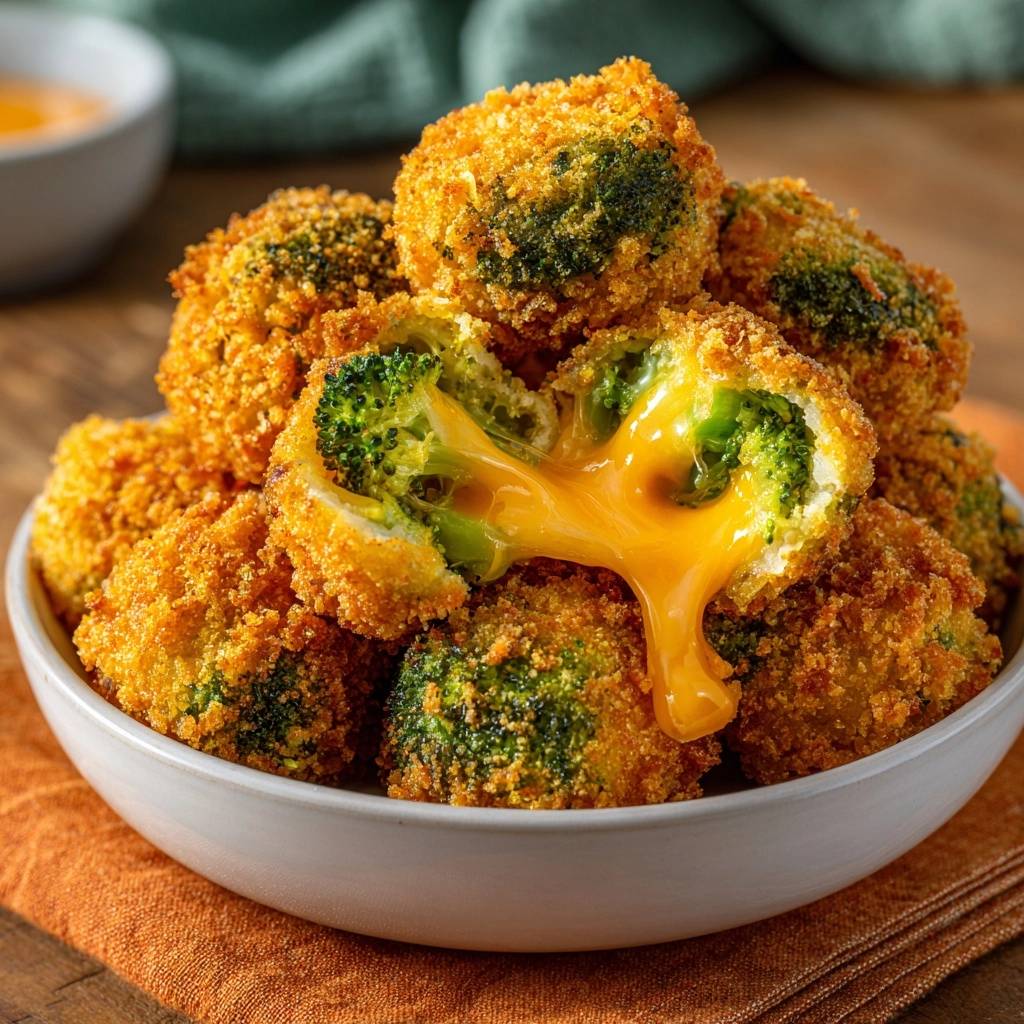 Crispy cheddar-stuffed broccoli florets shown in a cross-section with melted cheese oozing out.