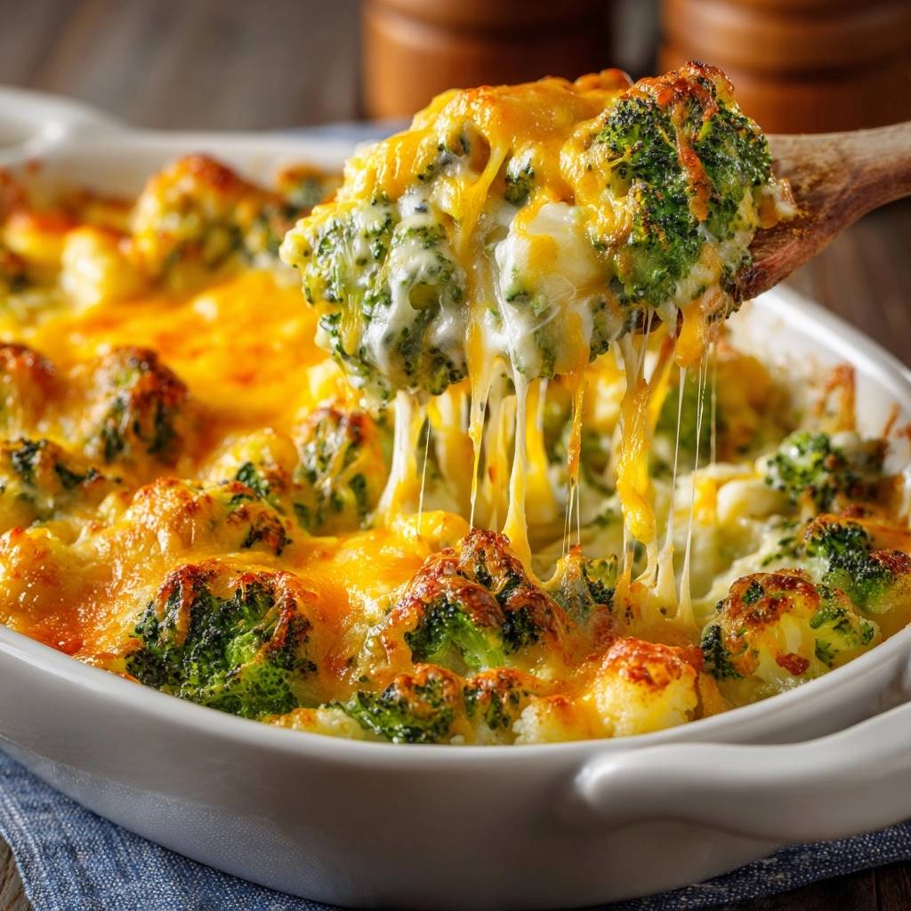 Cheesy broccoli cauliflower bake being served with a spoonful, showing strings of melted cheese.