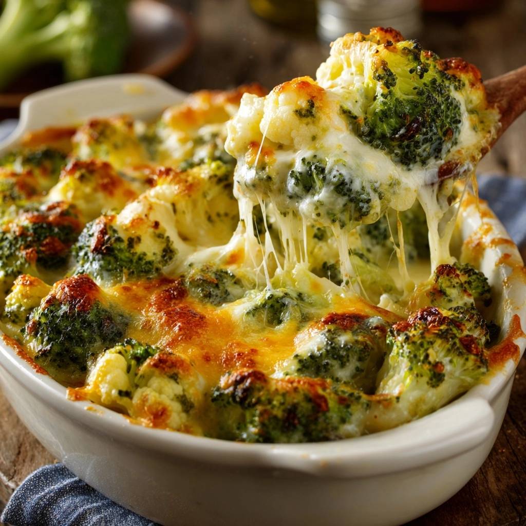 Cheesy broccoli cauliflower bake with a wooden spoon lifting a serving, showing strings of melted cheese.