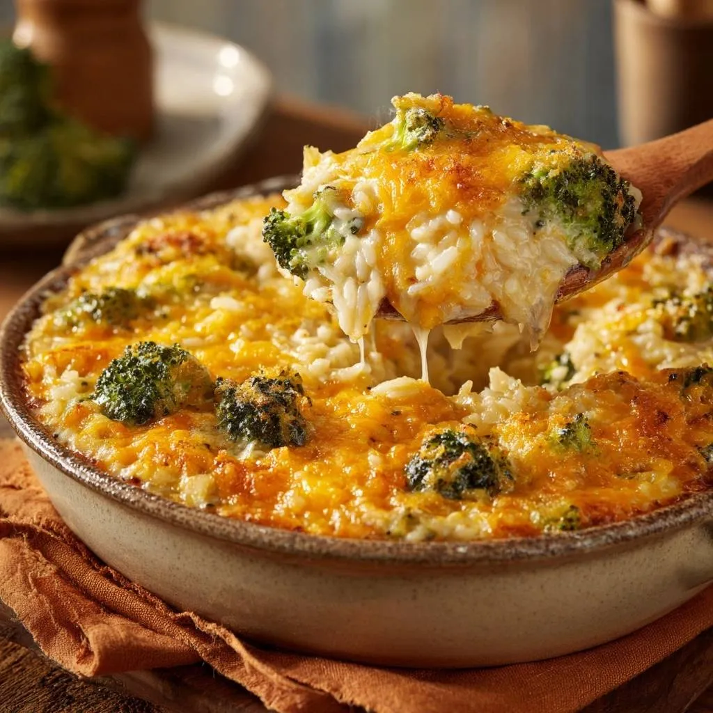 Cheesy broccoli rice casserole with a spoonful lifted to show melted cheese and texture.