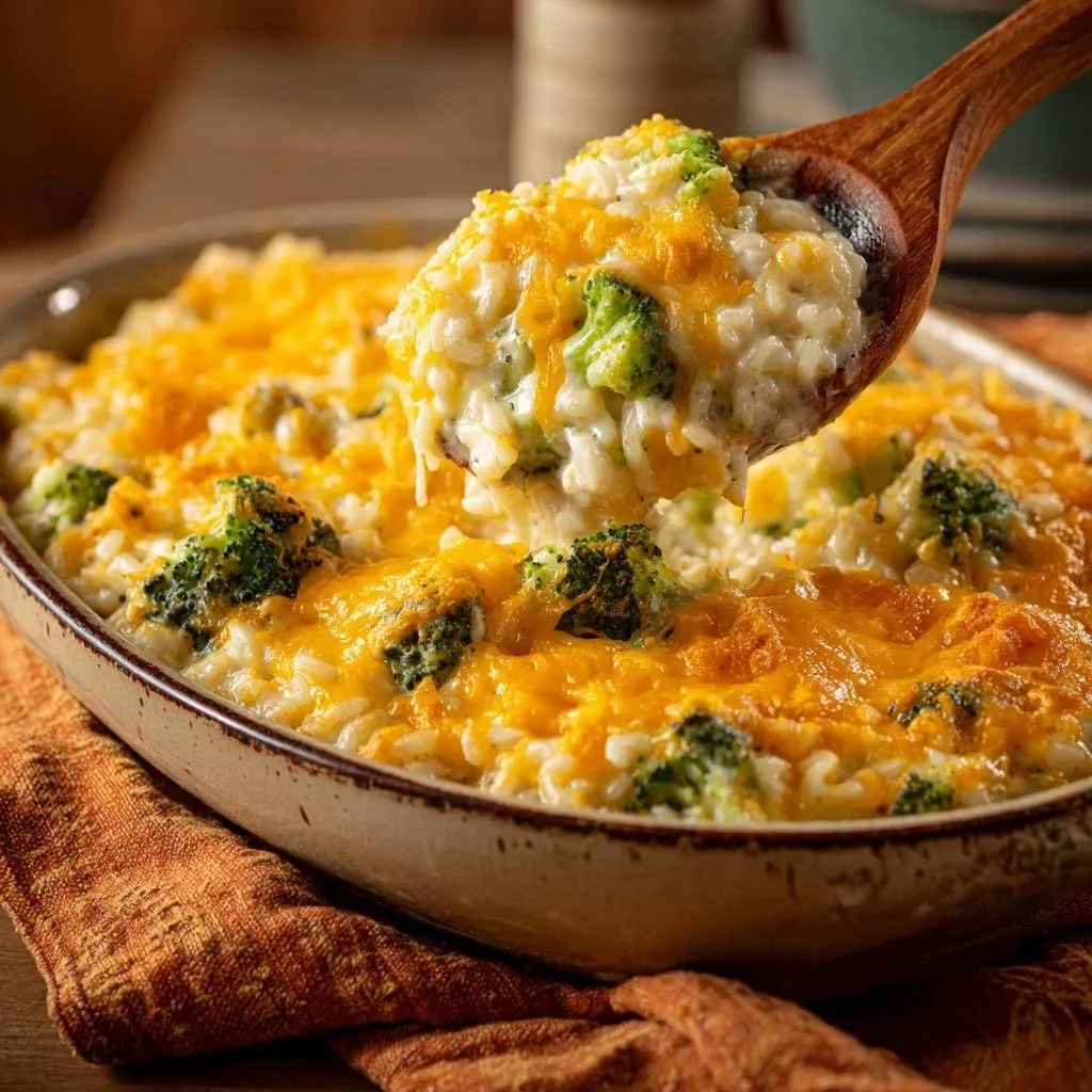 Cheesy broccoli rice casserole with a spoonful being scooped out, showing melted cheddar cheese and fluffy rice.