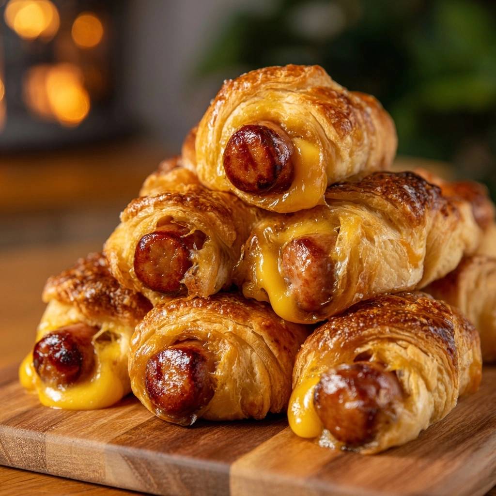 Cheesy pigs in a blanket, a golden stack of baked crescent rolls filled with sausage and melted cheese, presented on a wooden board.