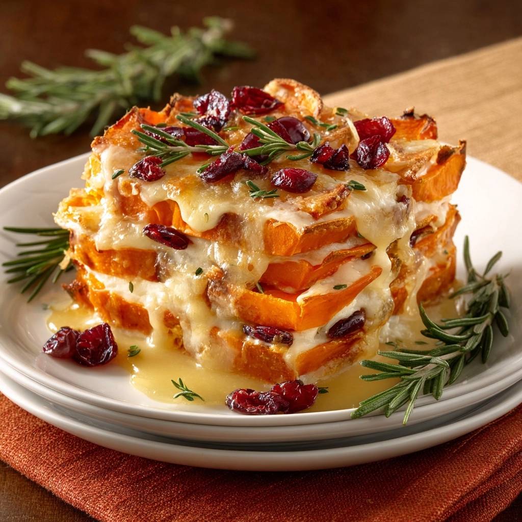 Cheesy roasted butternut squash stack layered with cranberries and rosemary on a white plate.