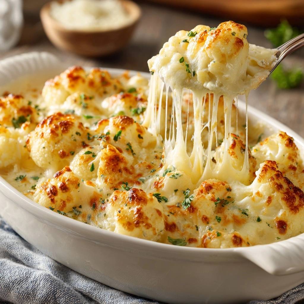 Cheesy roasted cauliflower gratin with a fork lifting a serving, showcasing a dramatic cheese pull.