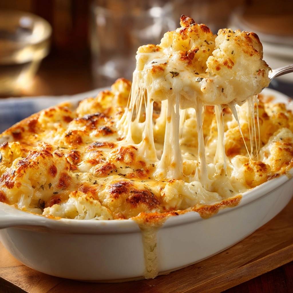 Cheesy roasted cauliflower gratin with a serving being pulled, showing strings of melted cheese.