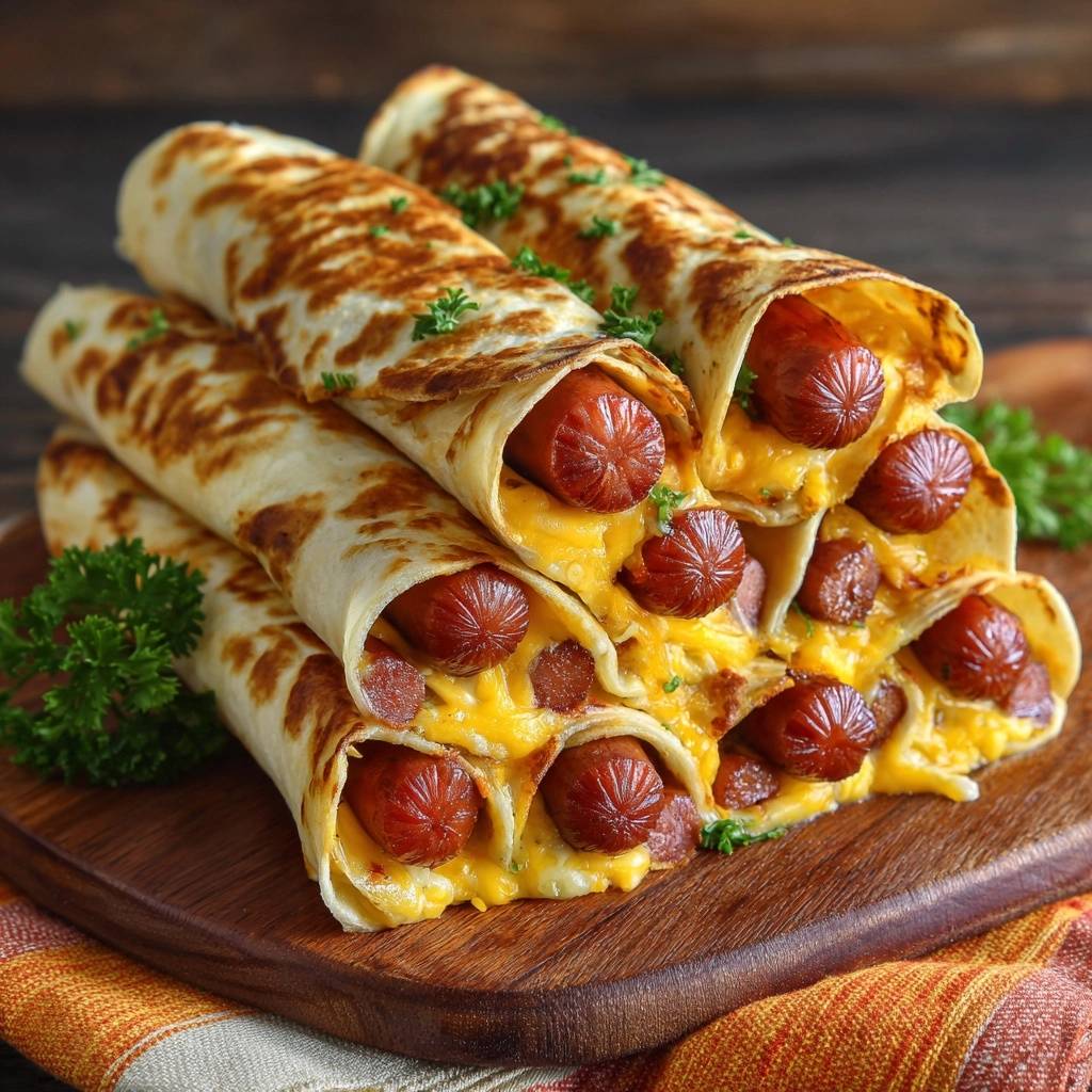 Cheesy tortilla hot dog roll-ups stacked close-up on a wooden board, showing melted cheese and parsley garnish.
